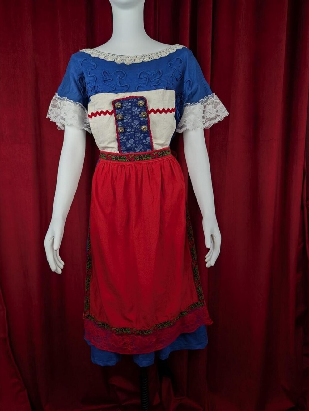 One of a Kind Reworked Vintage 80's Plaza South Blue Floral Applique Dirndl